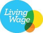 Logo representing "living wage" with overlapping colorful circles and an oak motif.